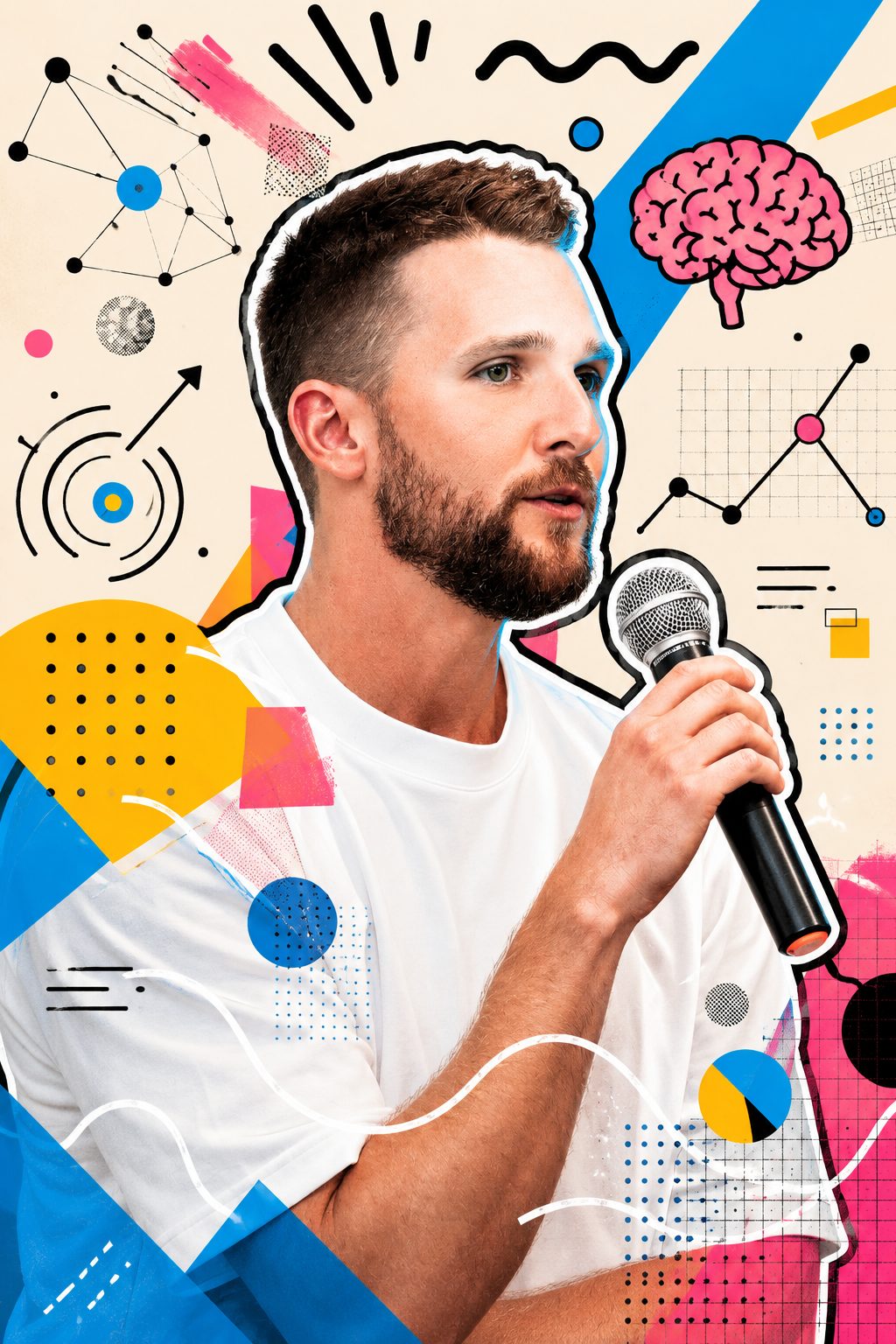 Collage illustration of Alec Barr speaking with a microphone